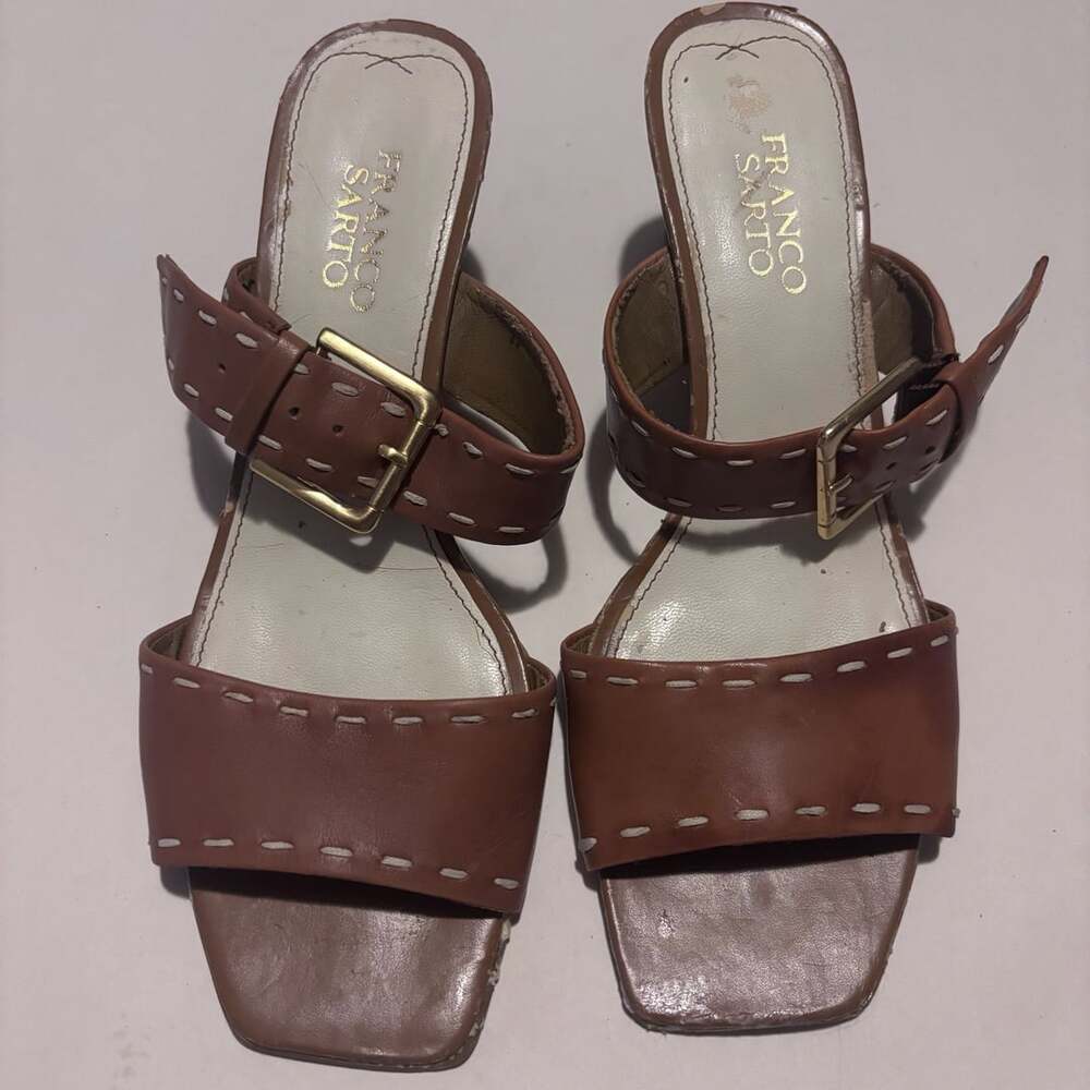 Franco Sarto Brown Leather Wedge Sandals With Buckle Strap And Contrast